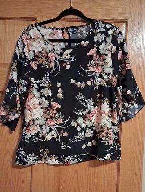 SHEIN Black Floral Blouse with Pink and Cream Flowers